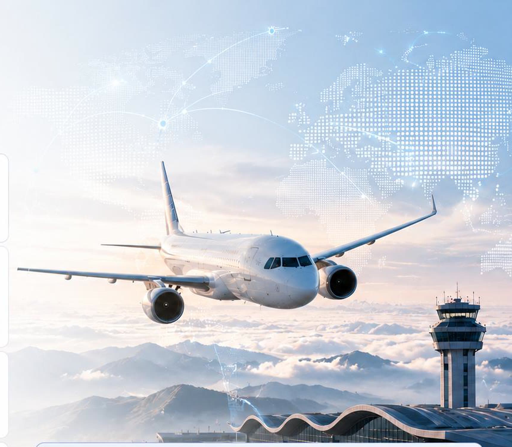 Airliner climbing above cloud with a route network overlay