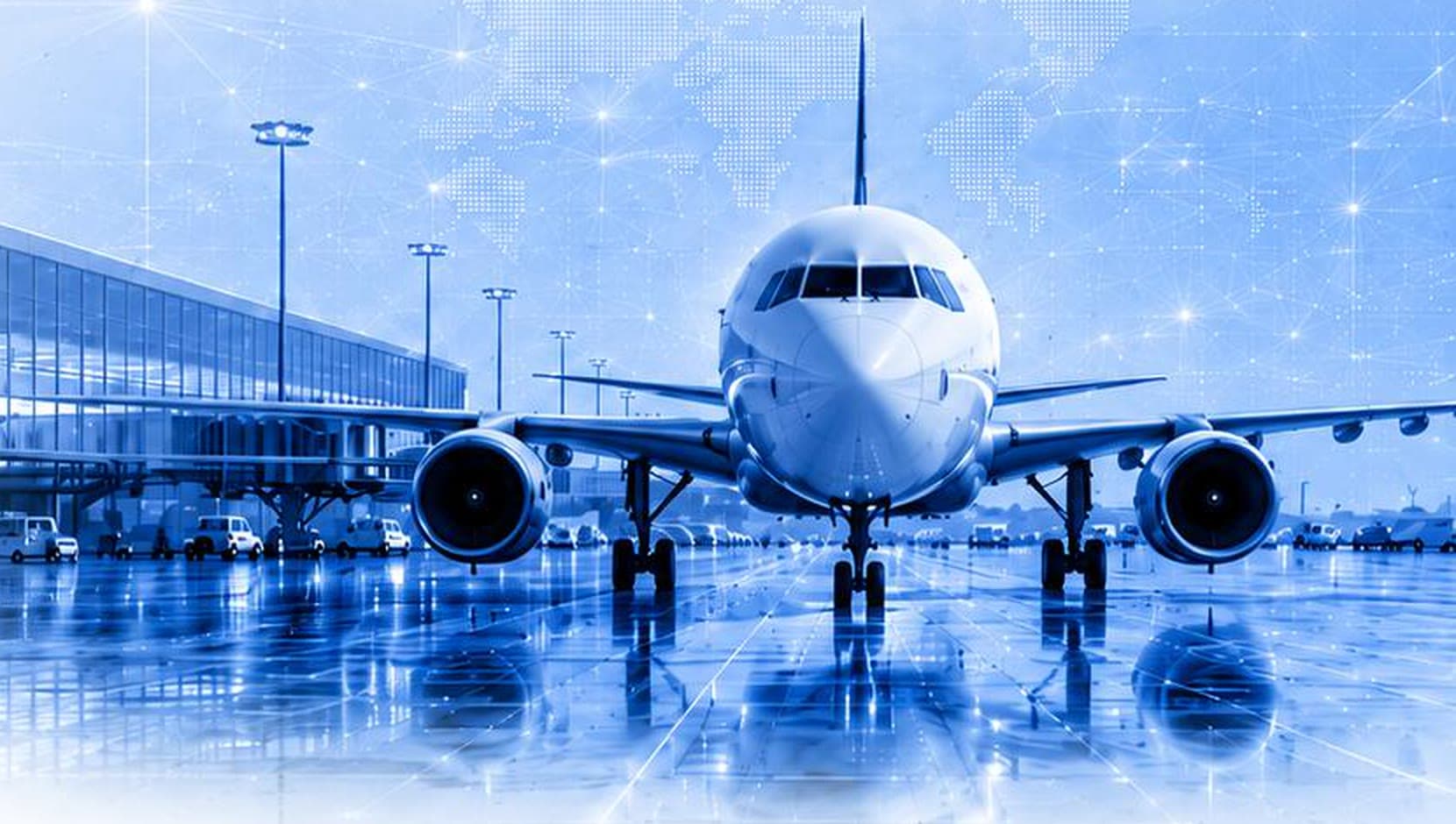 Airliner facing the camera on a reflective apron