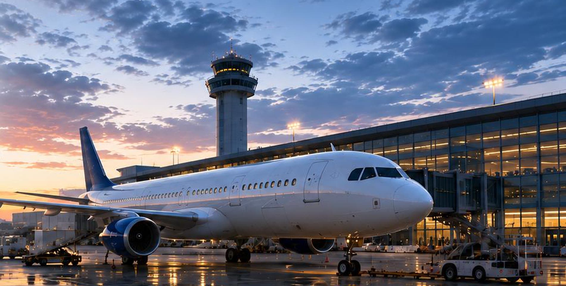 Airliner on stand at dusk beside the control tower