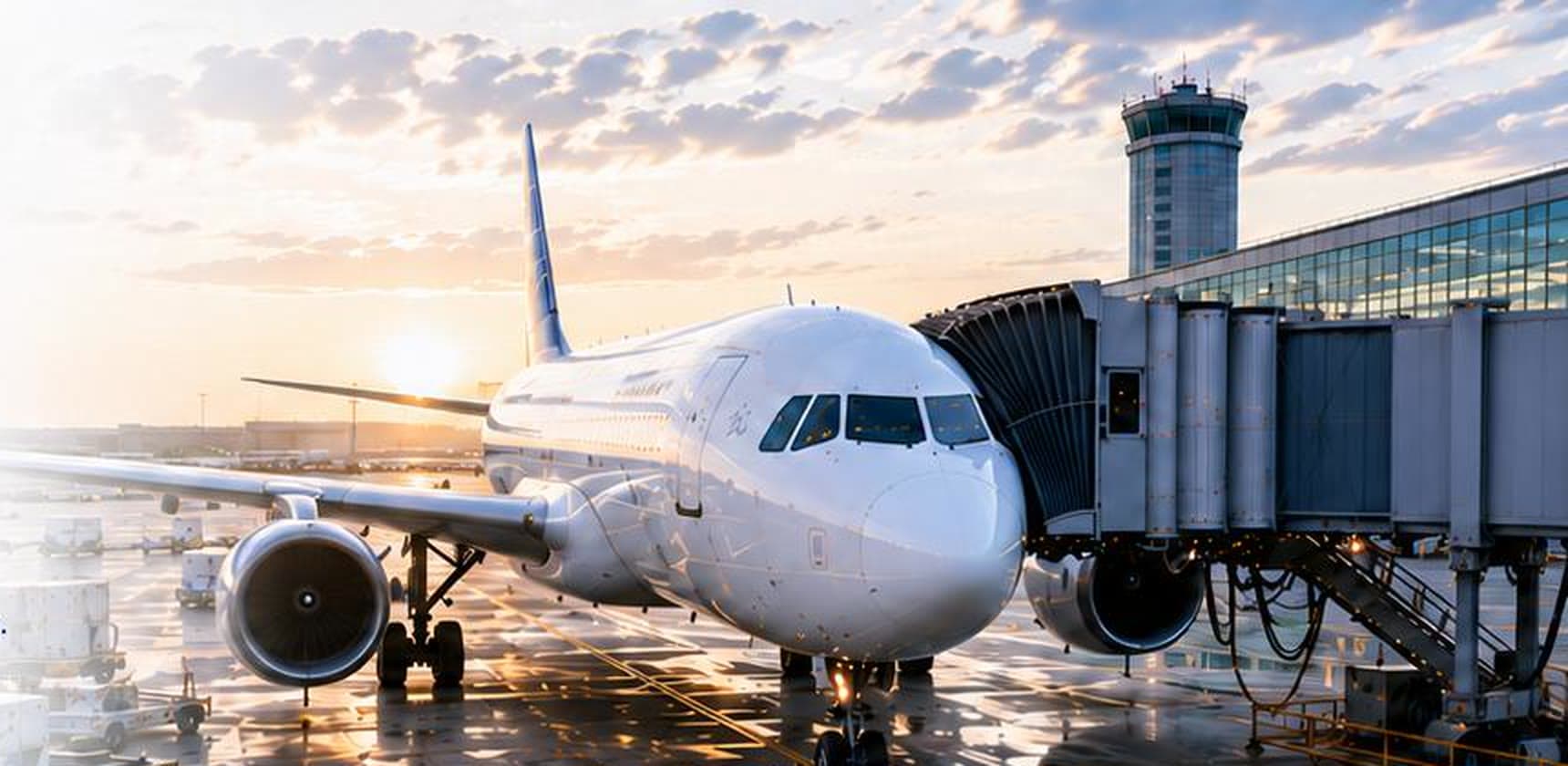 Aircraft on stand at sunrise with the jet bridge connected