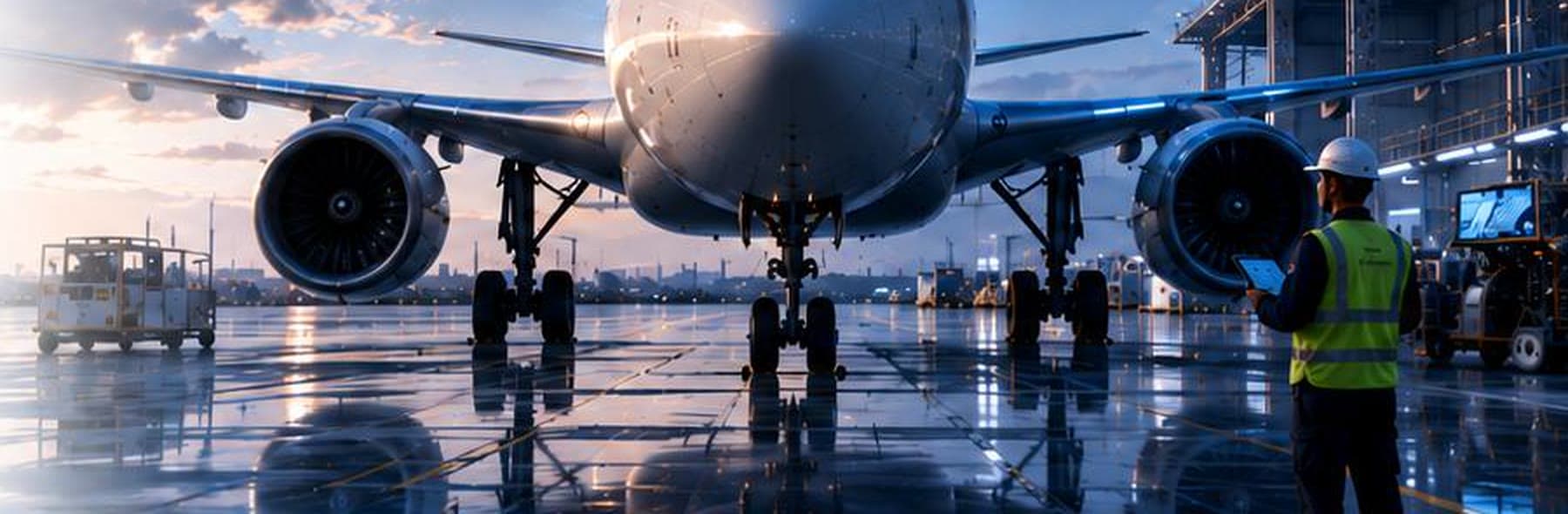 Ground engineer with a tablet beside a widebody aircraft at dusk