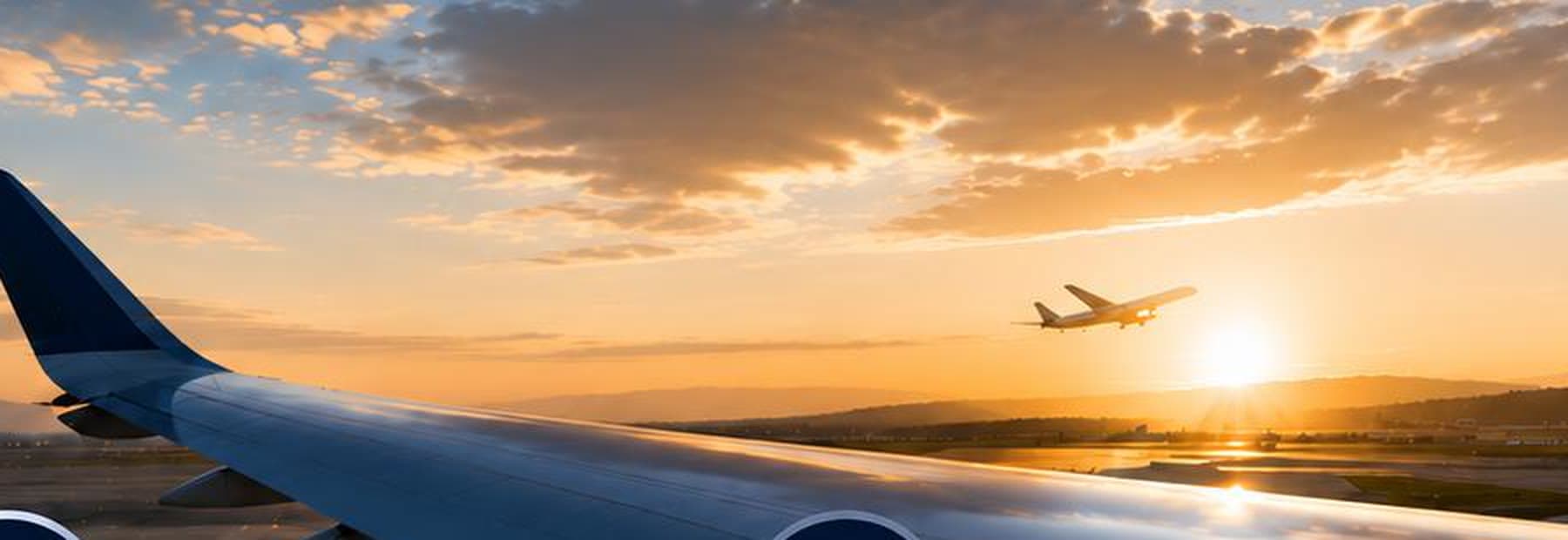 View along an aircraft wing at sunset as another airliner departs